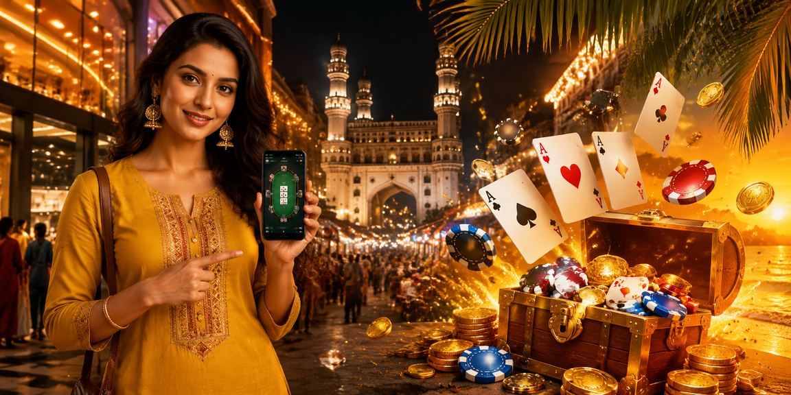 Night view of Hyderabad Charminar with lively poker game downtown