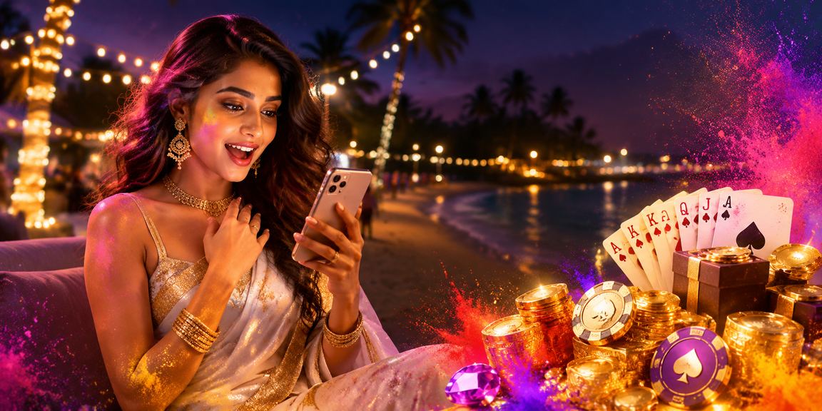 Indian woman enjoying teen patti card game in traditional saree